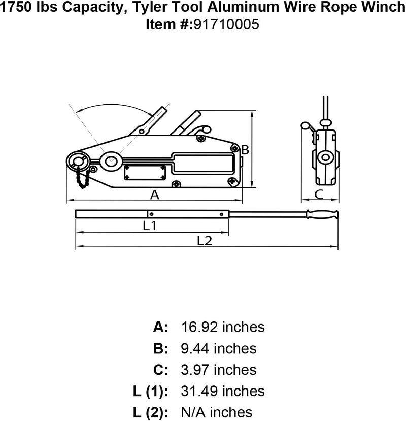 tyler 1750 lbs aluminum wire rope winch specification diagram