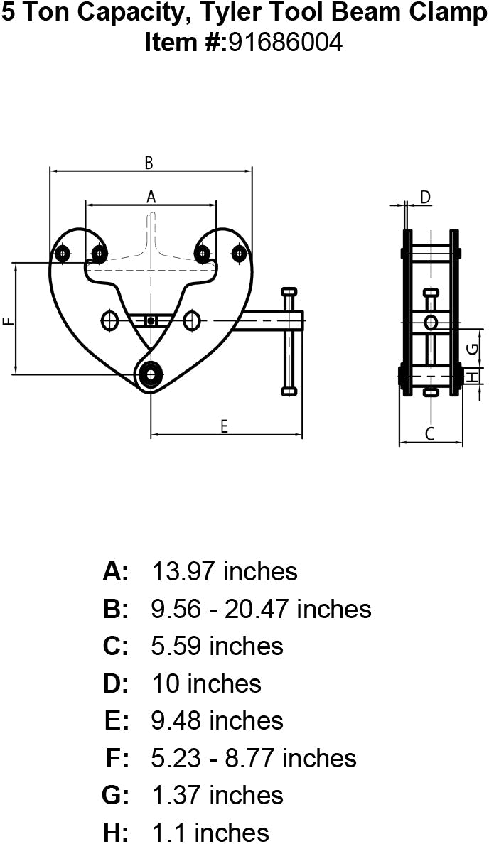 tyler 5 ton beam clamp specification diagram