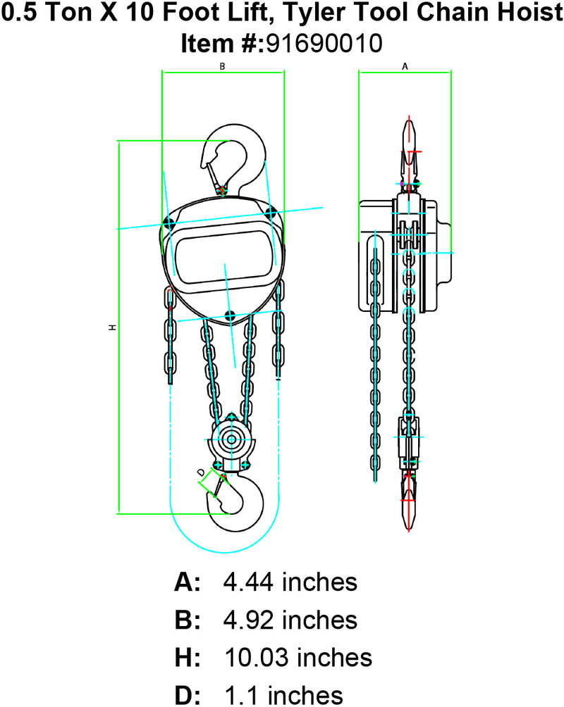 tyler half ton x 10 foot chain hoist specification diagram