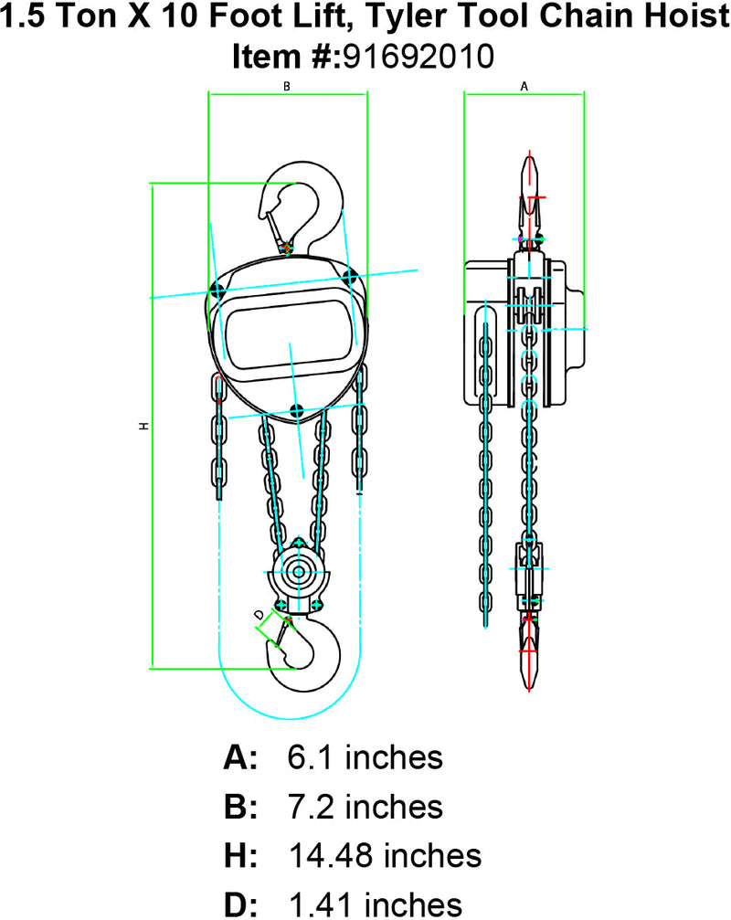tyler one and a half ton x 10 foot chain hoist specification diagram