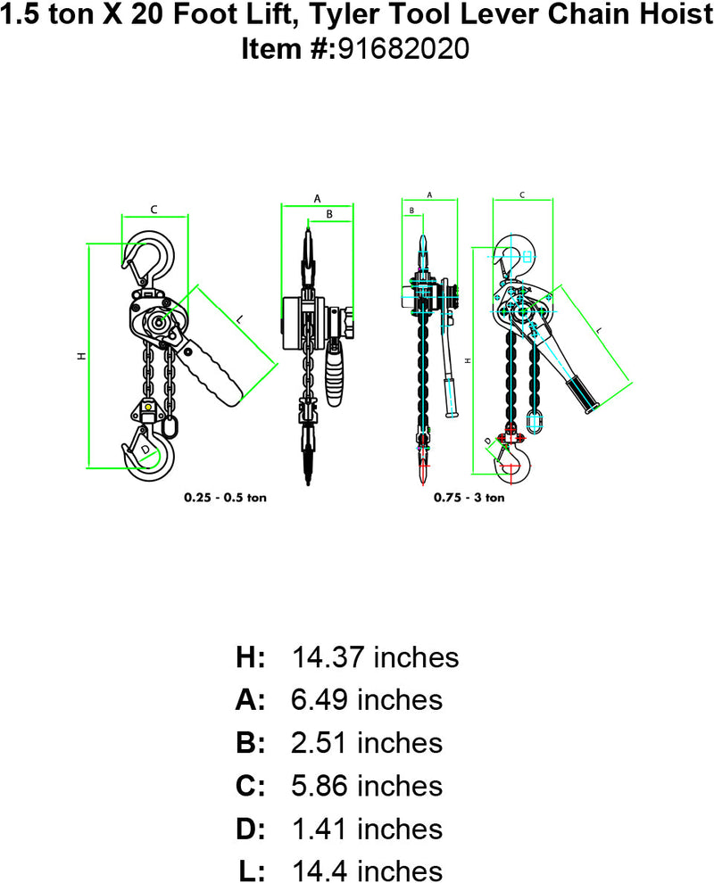 tyler one and a half ton x 20 foot lever hoist specification diagram