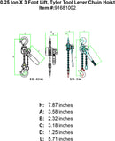tyler quarter ton x 3 foot lever hoist specification diagram