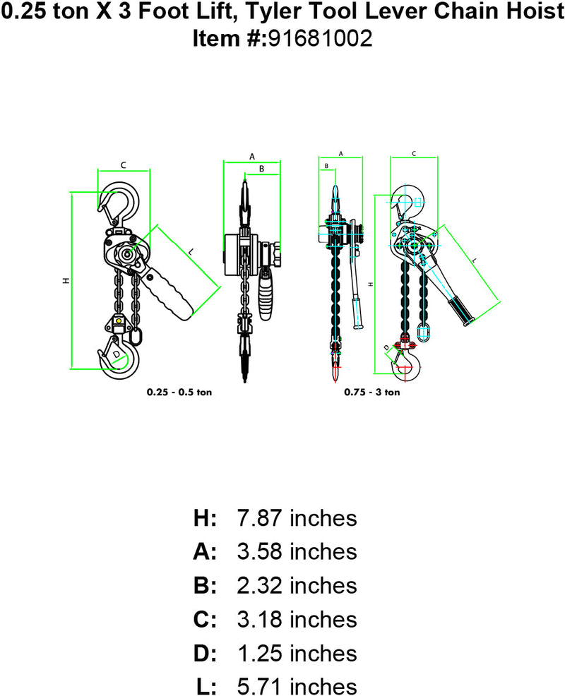 tyler quarter ton x 3 foot lever hoist specification diagram