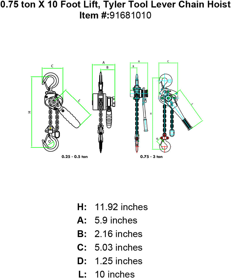 tyler three quarter ton x 10 foot lever hoist specification diagram