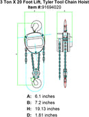 tyler three ton x 20 foot chain hoist specification diagram