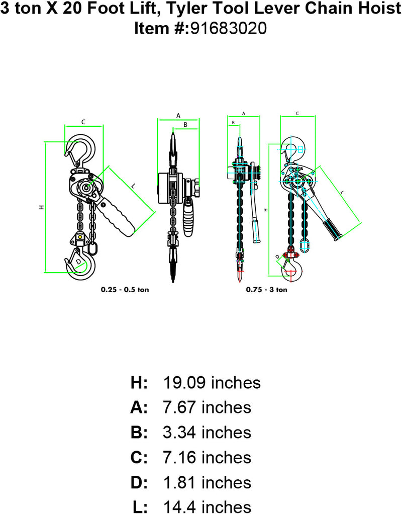 tyler three ton x 20 foot lever hoist specification diagram